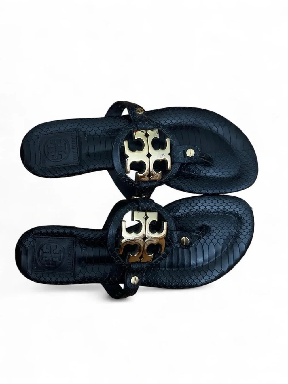 Tory Burch Black Sandals with Gold Logo Medallions